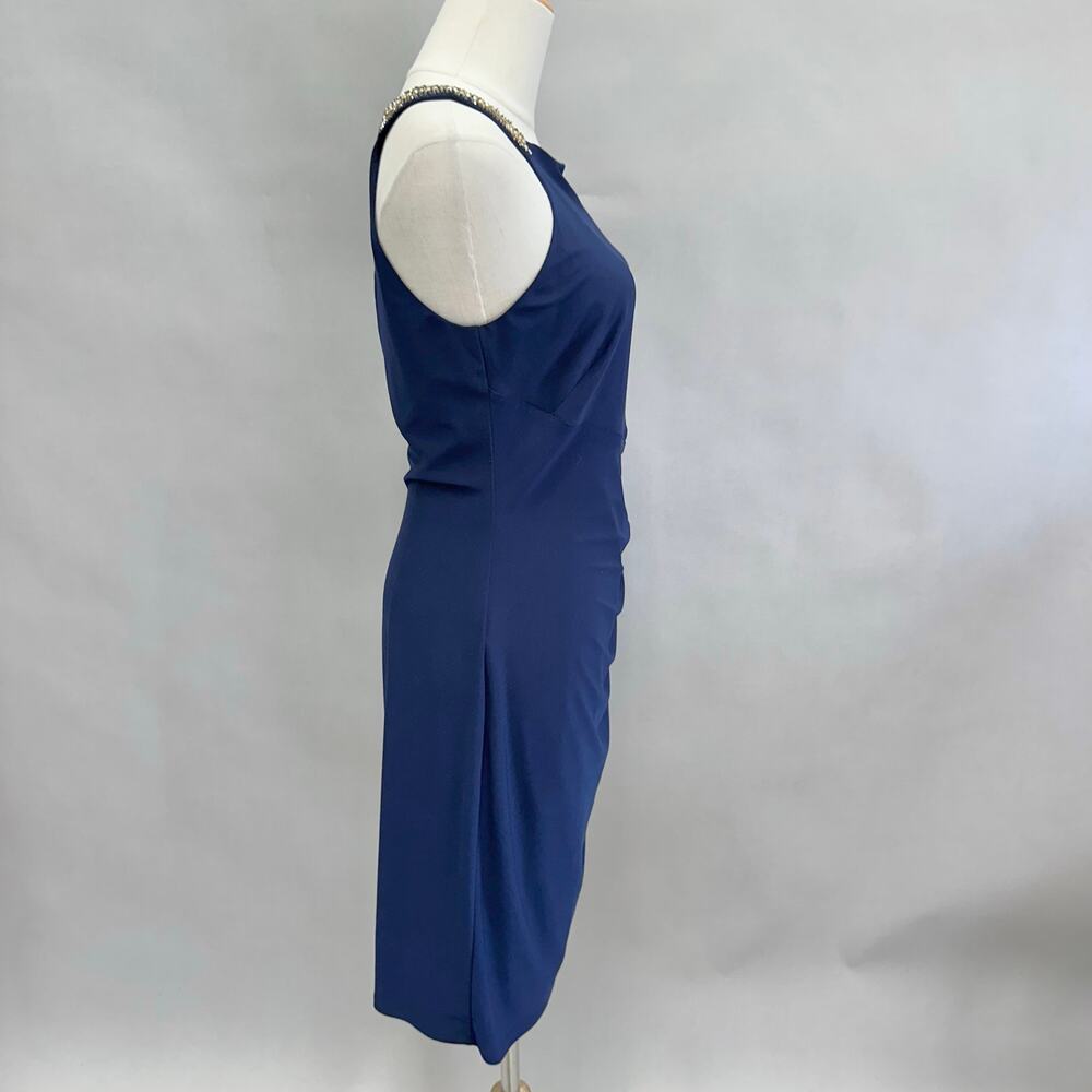 LRL Ralph Lauren Evening Navy Ruched Beaded‎ Sheath Dress Size 8 - Picture 4 of 14